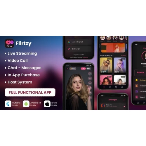 Flirtzy-Live-streaming-Video-Call-Chat-Host-Android-iOS-Node-JS-React-JS-with-Backend.jpg Flirtzy – Live streaming, Video Call, Chat, Host | Android | iOS | Node JS | React JS with Backend - Image 1