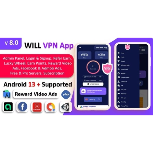 WILL-VPN-App-Nulled-VPN-App-With-Admin-Panel-Secure-VPN-Fast-VPN-Refer-Earn-Reward-Lucky-Wheel-Free-.jpg WILL VPN App – VPN App With Admin Panel | Secure VPN & Fast VPN | Refer & Earn | Reward Lucky Wheel - Image 1